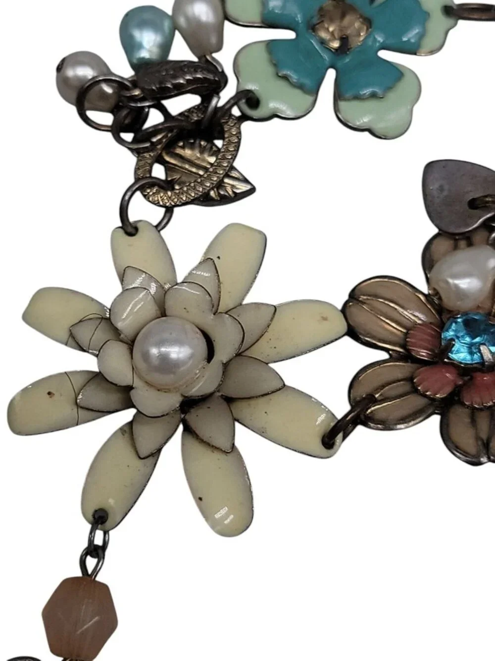 Vintage Plunder Dangling Flower Necklace Multicolor Rhinestones Silver Tone 20" - Picture 14 of 16